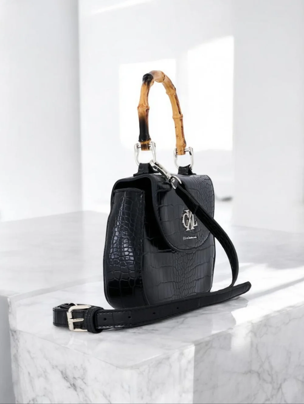 Christian Lacroix Black Croc-Embossed Mini Bag with Bamboo Top Handle - Picture 2 of 4